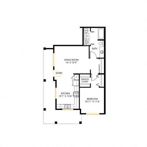 Floor plan for 1 bed, 1 bath, 768 sqft